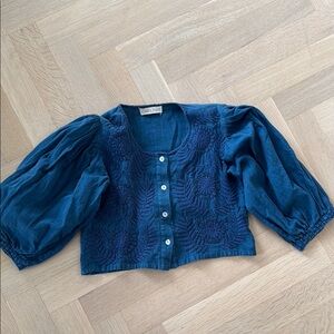 Carolina K Cropped Blue cotton embroidered shirt fits size Small/Med